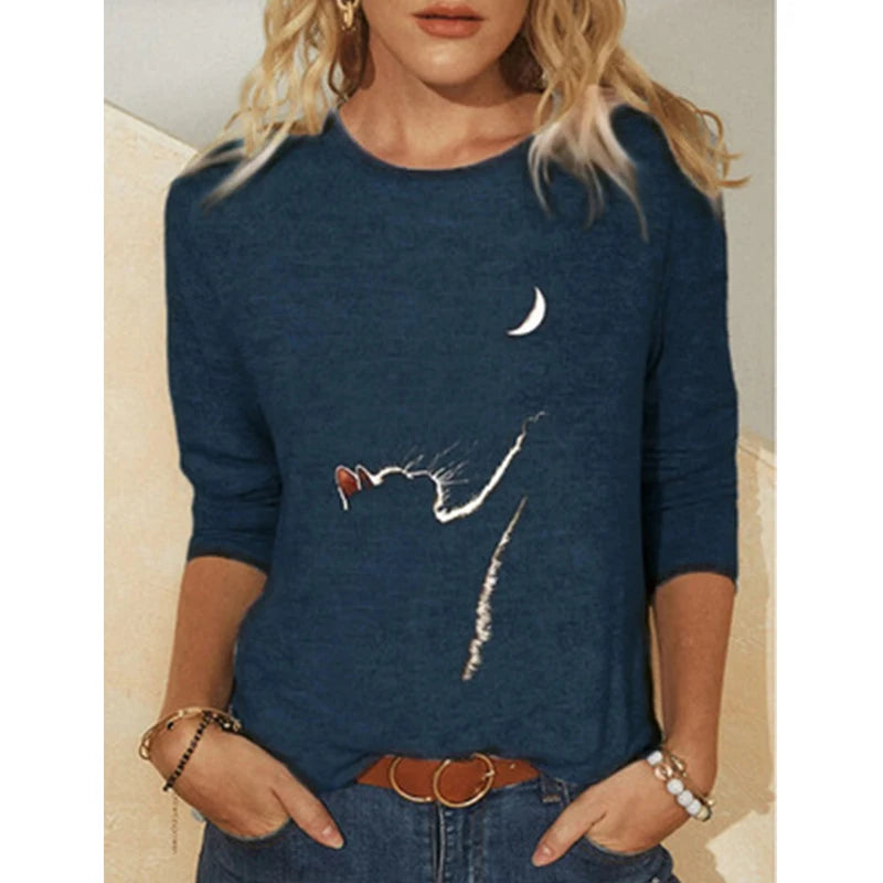 Damen Sommer Top Katzen Langarm T-Shirt Rundhals Streetwear lockeres Damentop