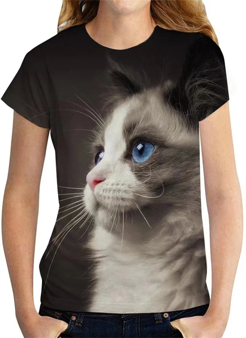 Damen T-Shirt Sommer Top Katzen Hemd Rundhals Streetwear lockeres Damentop