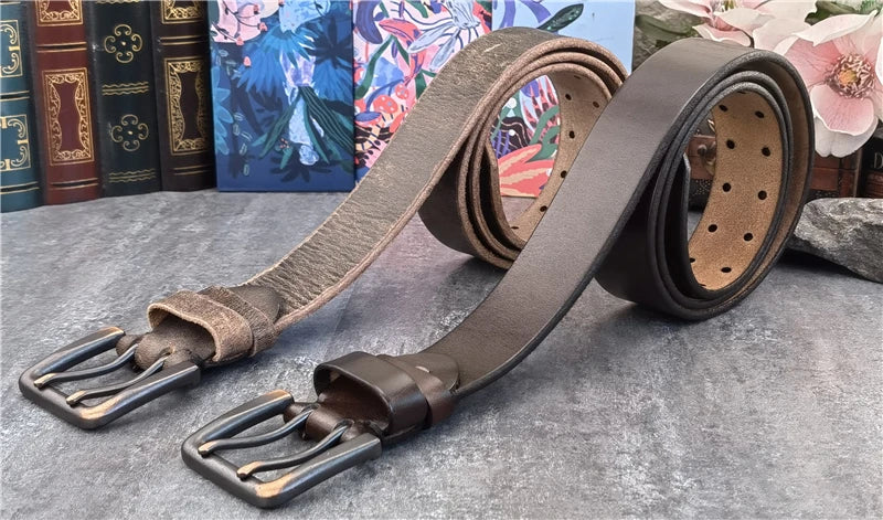 Jeans-Gürtel Herren Eckig Schnalle Echt Leder Gürtel Braun Breite Schnalle