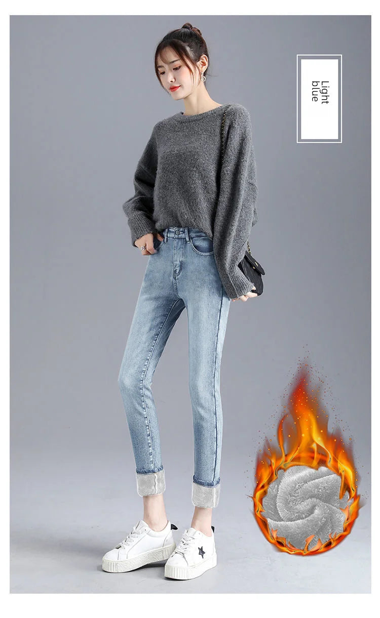 Damen Winter Warm Thermo Jeans Hose Innenfleece Stretch Hosen Leggins Denim