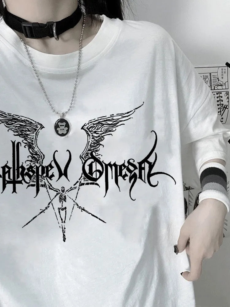 Damen Sommer Top Gothic Punk T-Shirt Rundhals Streetwear lockeres Damentop