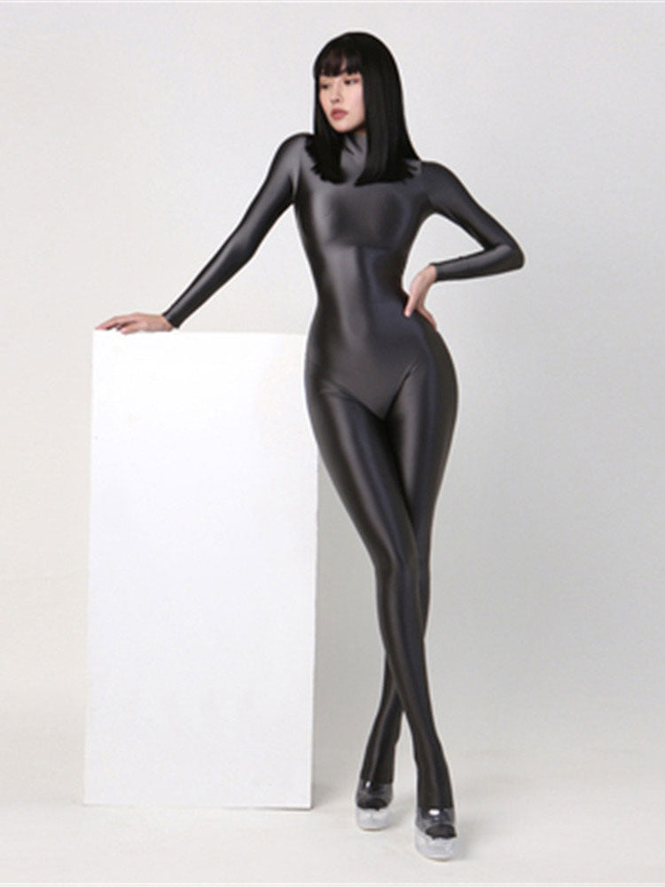 Sexy Damen Glänzender Metallischer Overall Bodysuit Catsuit Clubwear Fetisch