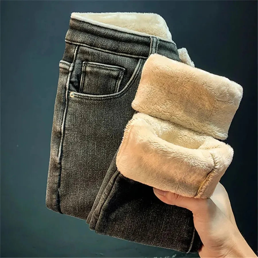 Damen Winter Warm Thermo Jeans Hose Innenfleece Stretch Hosen Leggins Denim