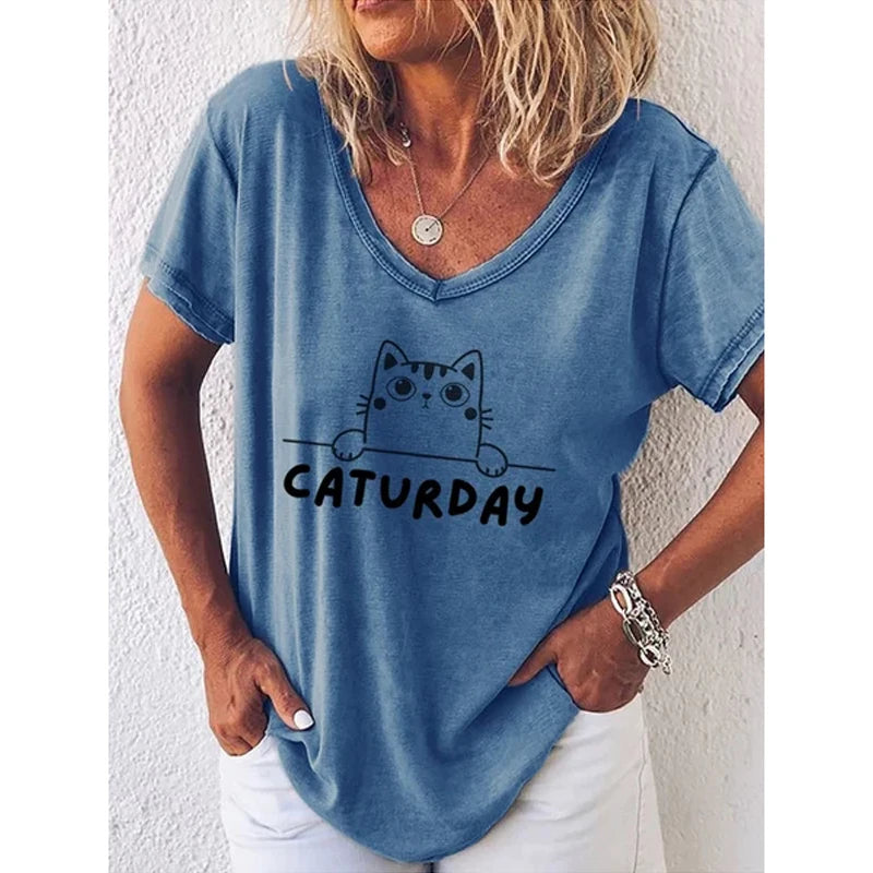 Damen Sommer Top Katzen T-Shirt Rundhals Streetwear Bluse Damentop Mädchen