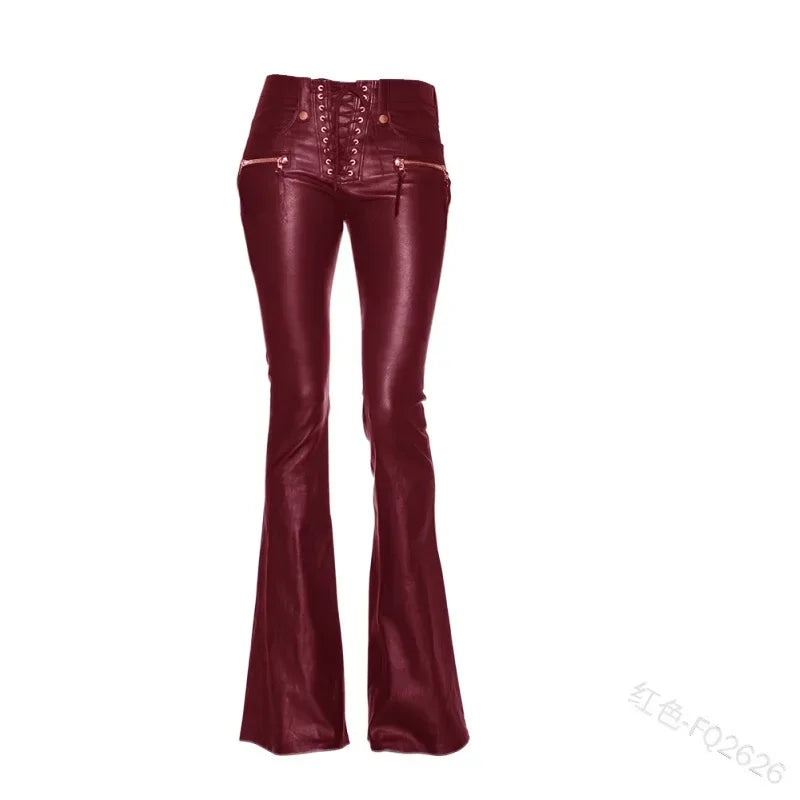 Damen Hose Gothic Punk PU Lederhose Bootcut Strech Hüftjeans Schlaghose Flared