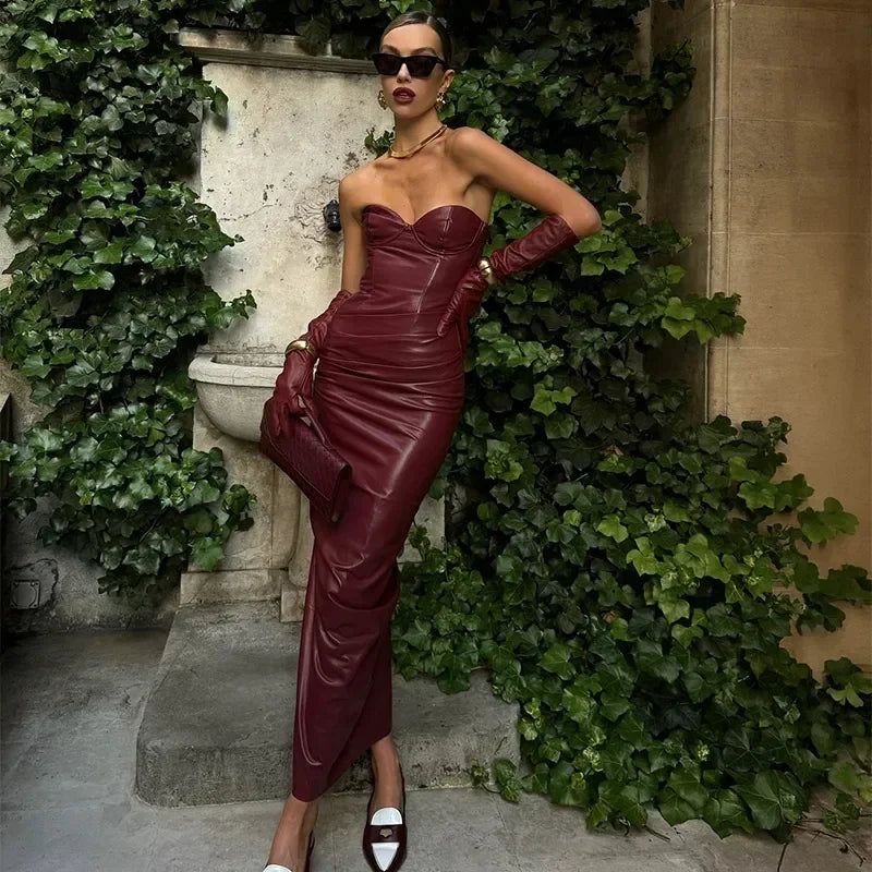 Frauen PU Leder Kleid rückenfreies Partykleid Trägerlos Abendkleid Cocktailkleid