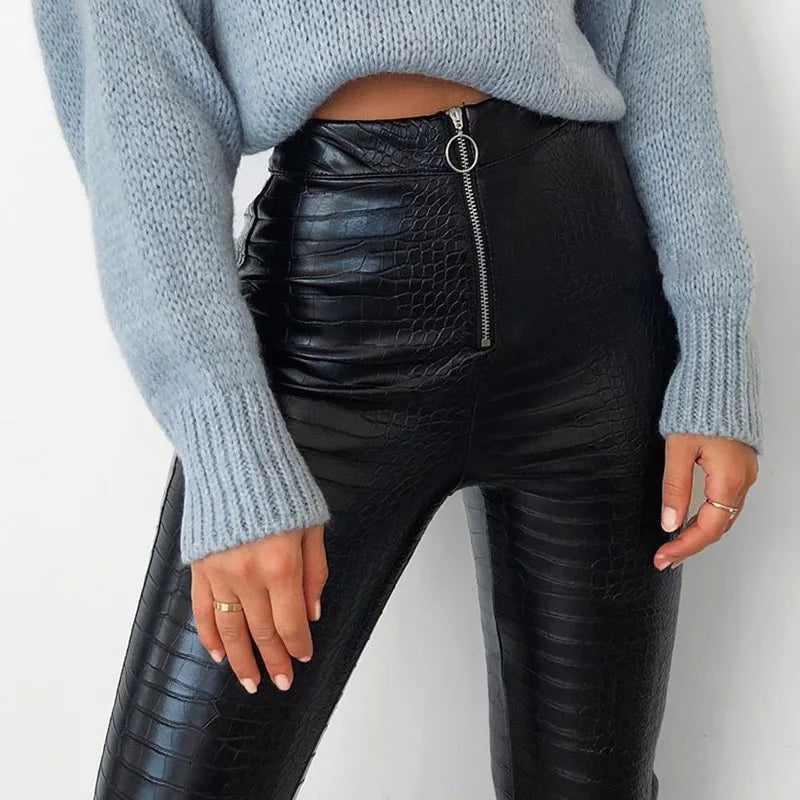 Sexy Damen Leggings Push Up Leggins Hose glänzendes PU Lederhose Reißverschluss
