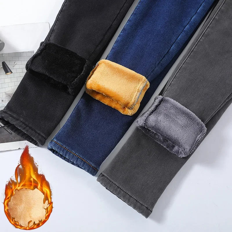 Damen Winter Warm Thermo Jeans Hose Innenfleece Stretch Hosen Leggins Denim