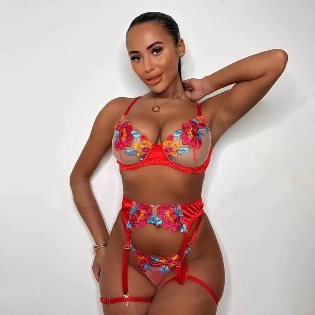 3Tlg BH Set Damen Strapsen Dessous Strumpfgürtel Unterwäsche Strumpfhalter