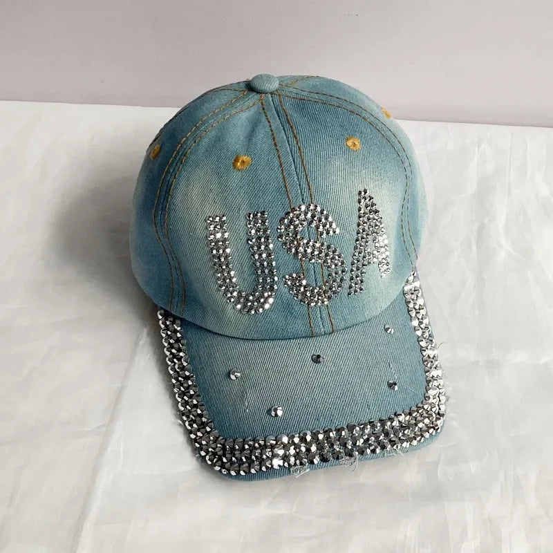 Jeans Basecap Cappy Denim Look Cap Kappe LOVE Strass gebogen Herren Damen