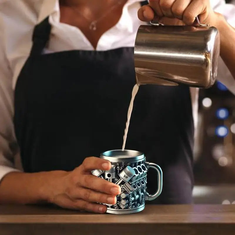 Edelstahl-Kaffeebecher Mug V8-Motoren-Motiv Kaffeetasse Becher Tasse Geschenk