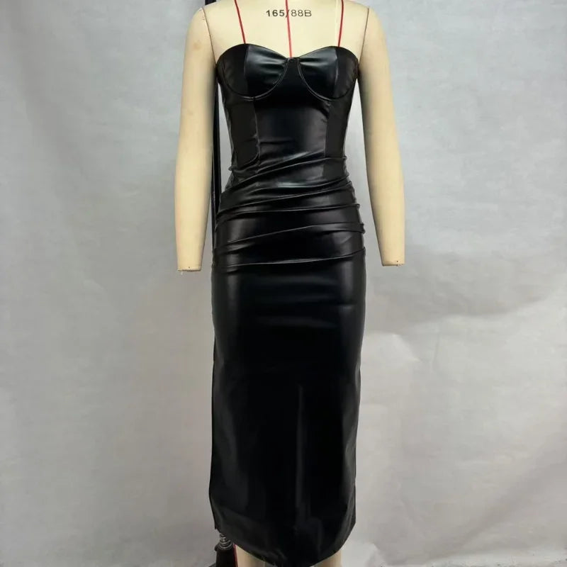 Frauen PU Leder Kleid rückenfreies Partykleid Trägerlos Abendkleid Cocktailkleid