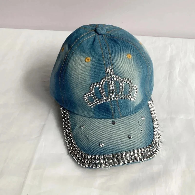 Jeans Basecap Cappy Denim Look Cap Kappe LOVE Strass gebogen Herren Damen