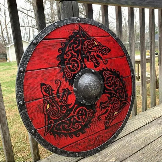 Holzschild handbemalt Wikinger Holz & Stahl Mittelalter Schild Viking Rundschild