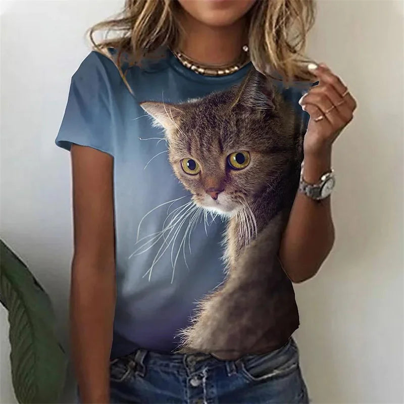 Damen Sommer Top 3D Katzen T-Shirt Rundhals Streetwear lockeres Damentop