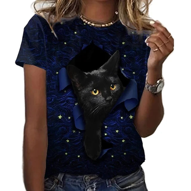 Damen T-Shirt Sommer Top Katzen Hemd Rundhals Streetwear lockeres Damentop