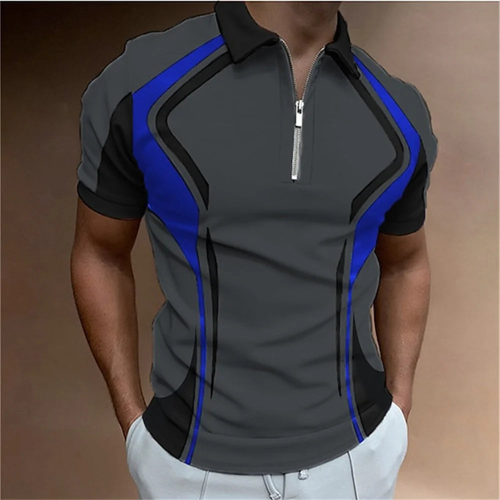 Herren Poloshirt POLO Shirt Zip Kontrast Kragen Kurzarm Slim Fit Hemd Polohemd
