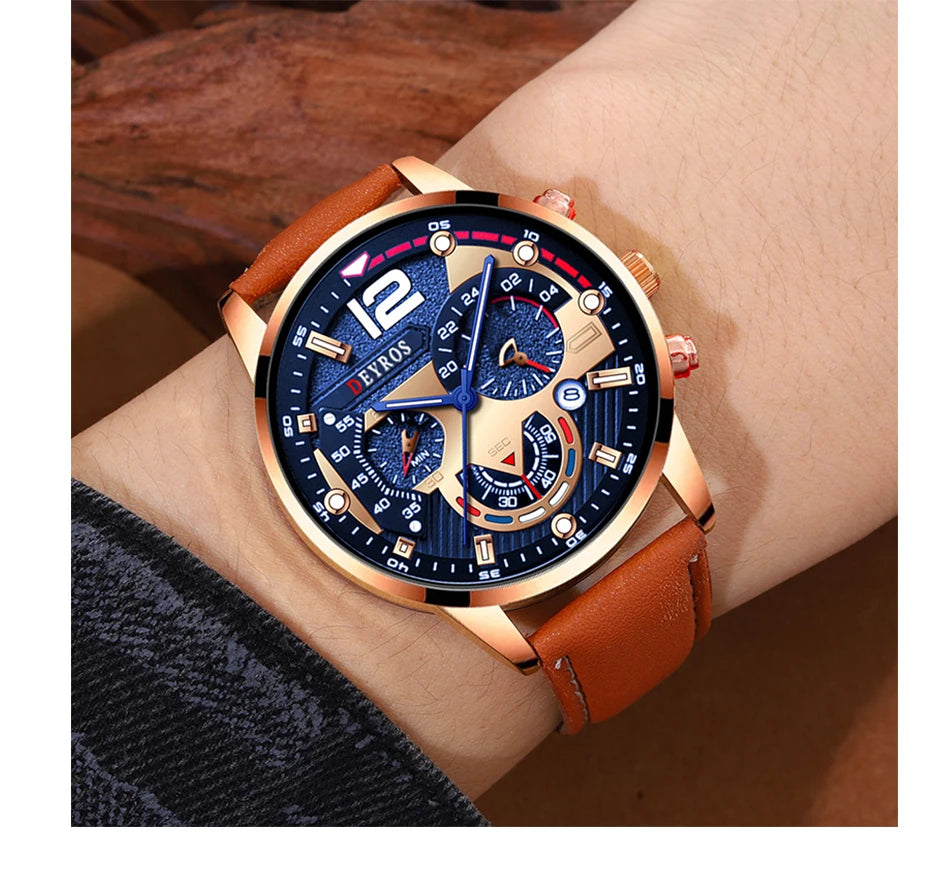 Stilvolle Herren Armbanduhr mit Kunstleder Armband Set Luxus Quarz Uhr
