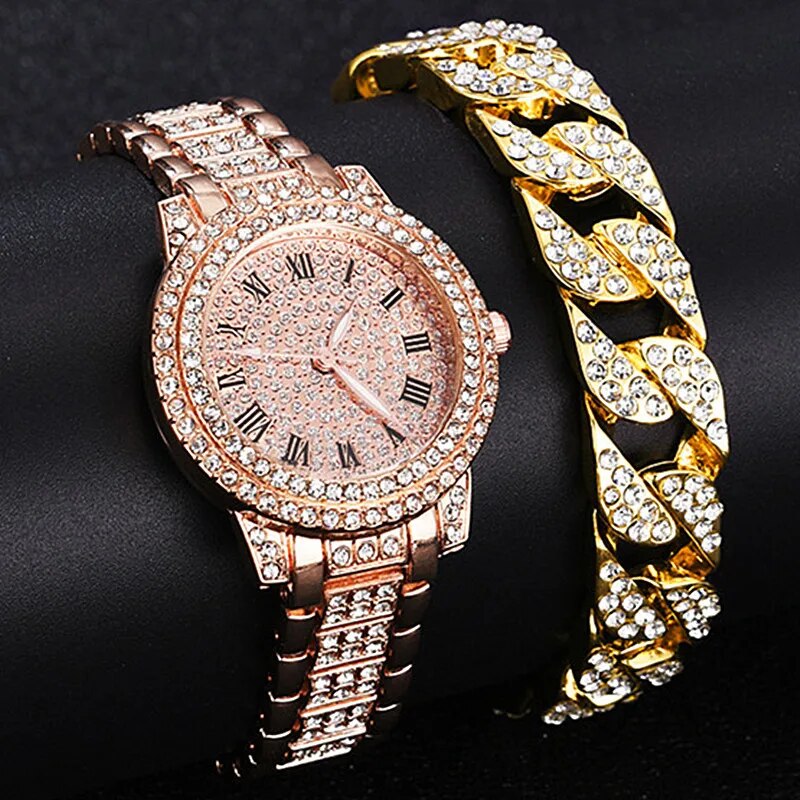 Damen Armband Uhren Set Strass Luxus Quarz Silber Gold Business Armbanduhr