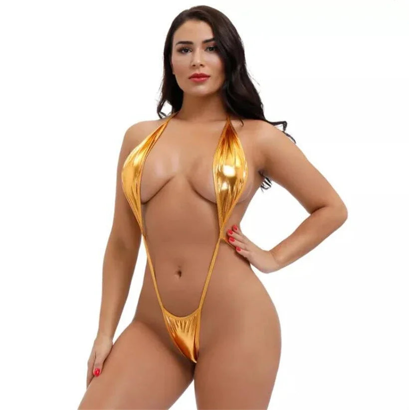 Exotische glänzende Teddies für Damen, Neckholder, Schnürung, tiefes V, rückenfrei, Dessous-Anzug, Mikro-Tanga-Bikini-Set, einteiliger Badeanzug, sexy Strandmode