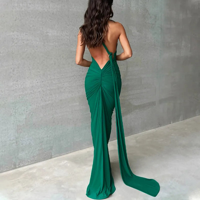 Frauen Kleid rückenfreies Partykleid Langeskleid Maxikleid Träger Abendkleid