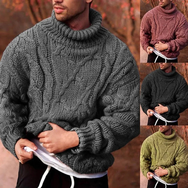 Herren Rollkragen Pullover Sweatshirt Pulli Sweater Langarm Shirt mit Zopfmuster