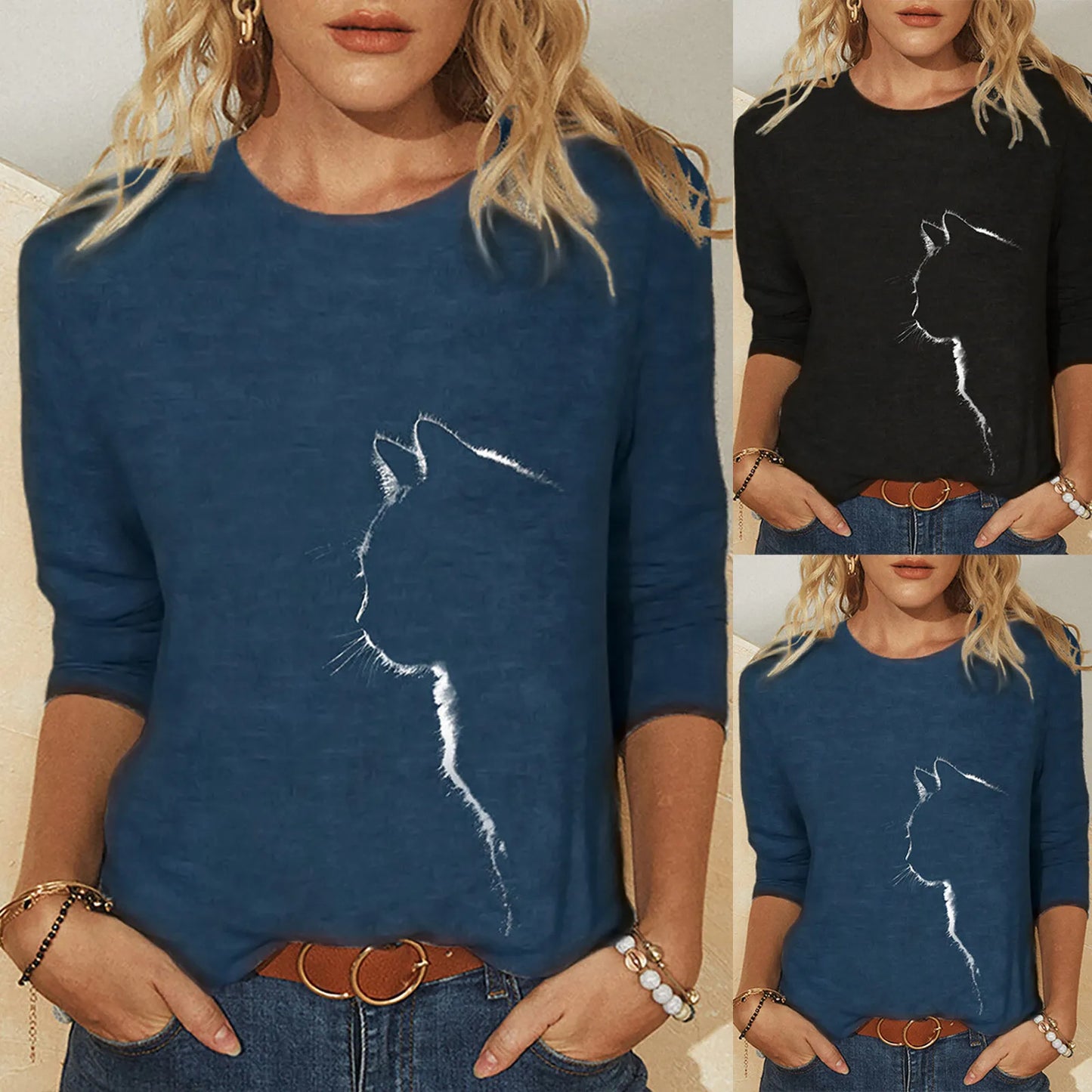 Damen Sommer Top Katzen Langarm T-Shirt Rundhals Streetwear lockeres Damentop