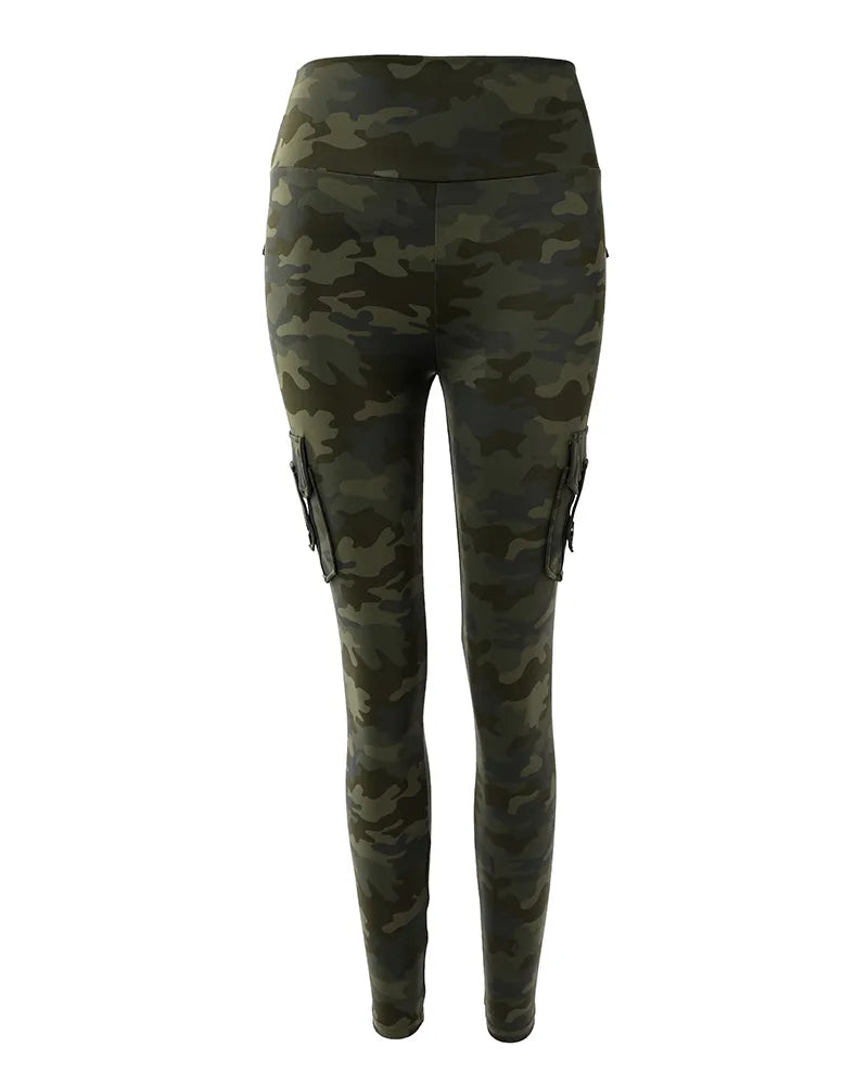 Damen Leggings Leggins mit Taschen Sport Hose Camouflage Push Up Fitness Gym Stretch