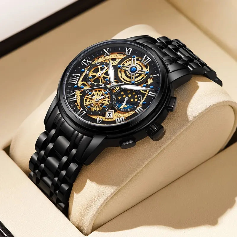 Herren Armbanduhr Silber Schwarz Edelstahl Quarzuhr Luxus Chronograph Business
