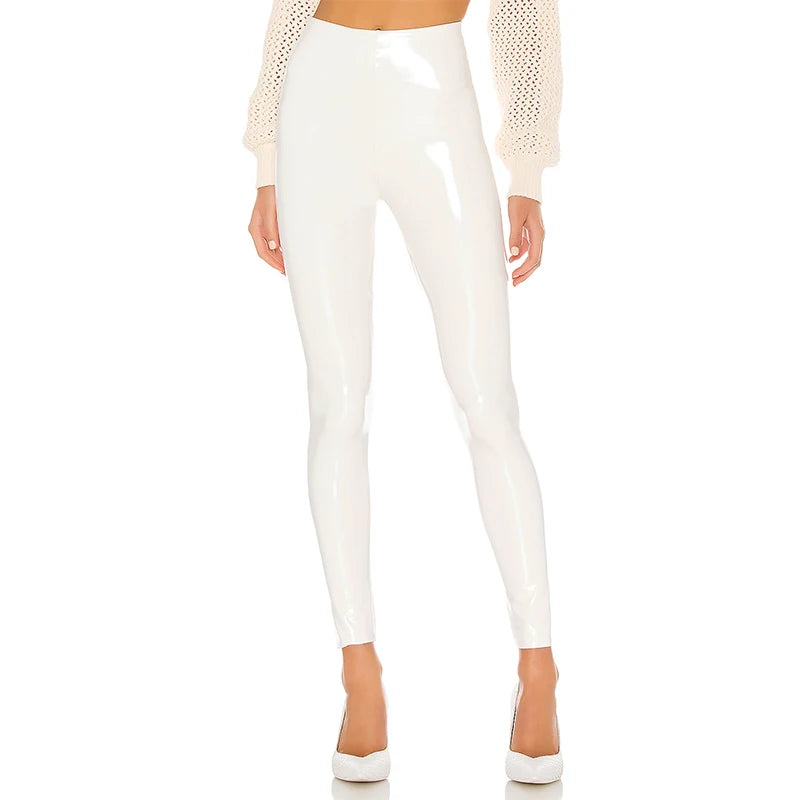 Damen Dünne Leggings Stretch Hose Weiß Glänzend Latex Nachtclub Sexy Hohe Taille