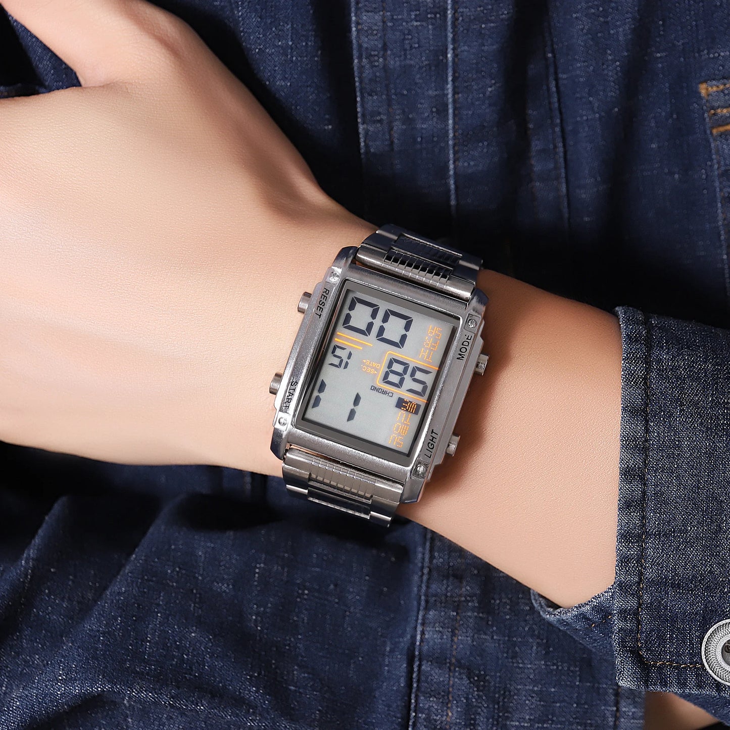 Herren Armbanduhr Digital Uhr Silber Edelstahl Quarzuhr Sportuhr Chronograph