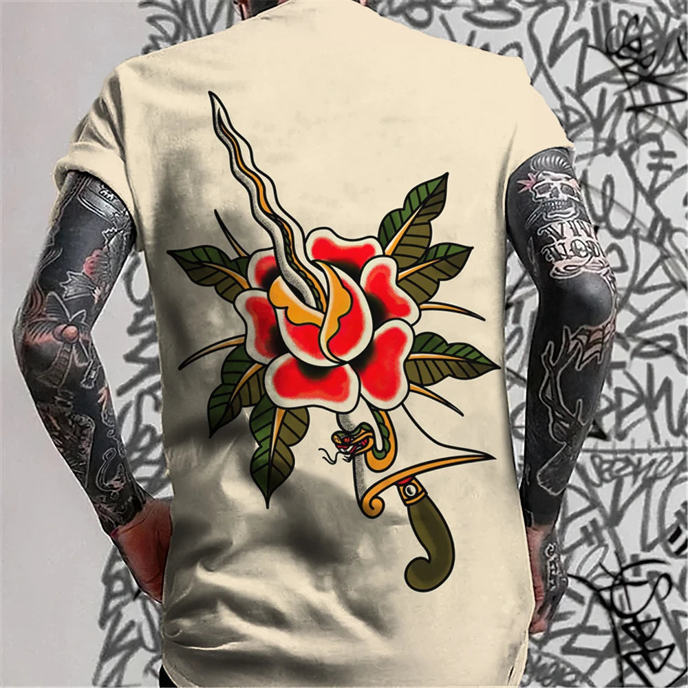 Herren Fashion Tattoo Style T-Shirt Rundhals Unisex SommerOversized Streetwear
