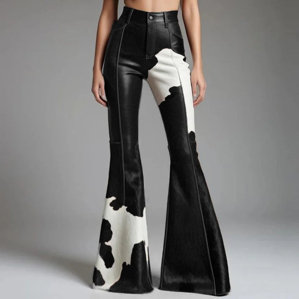 Sexy Damen Fashion Hose Kunst Lederhose Schlaghose Retro Western Flare Kuhmuster
