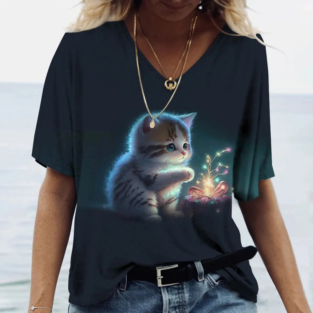 Damen Sommer Top Katzen T-Shirt V-Ausschnitt Hemd & Bluse Damentop Mädchen