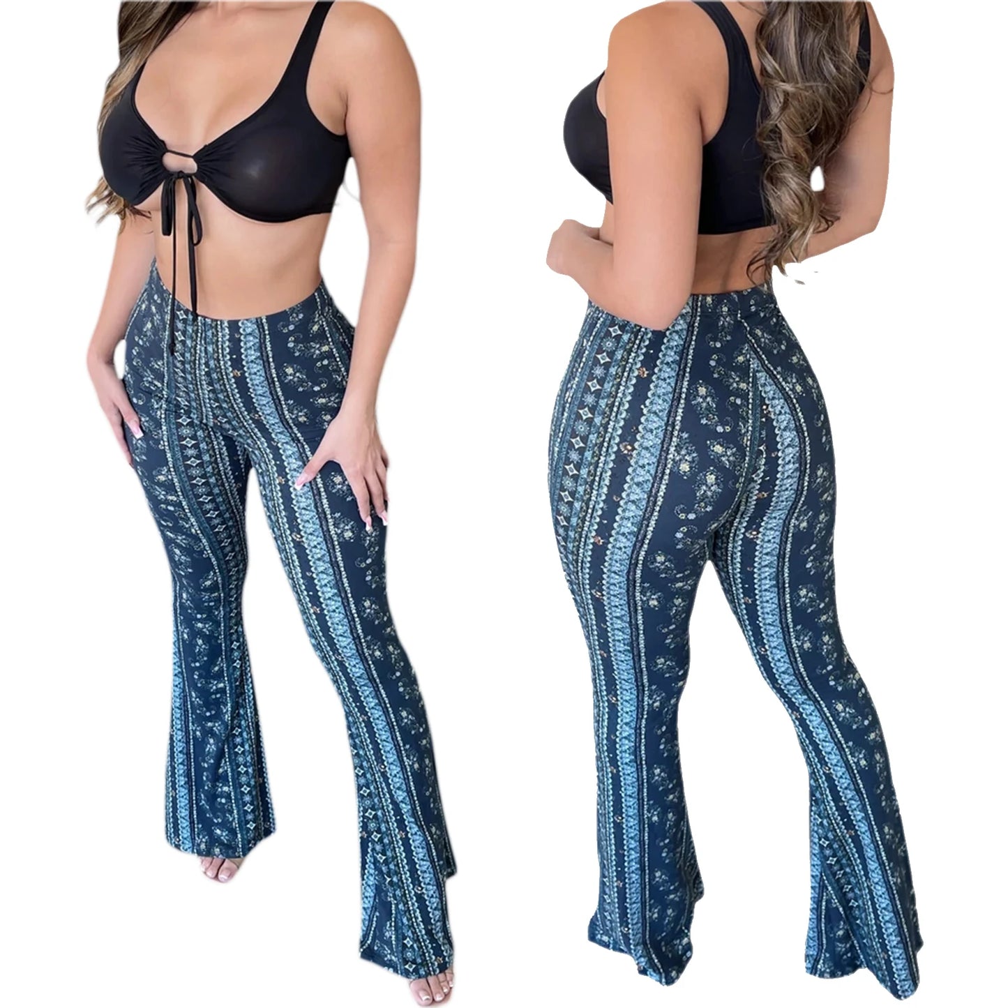 Damen Hose Bootcut Hüftjeans Schlaghose Flared Leggins Flower Power Retro Boho