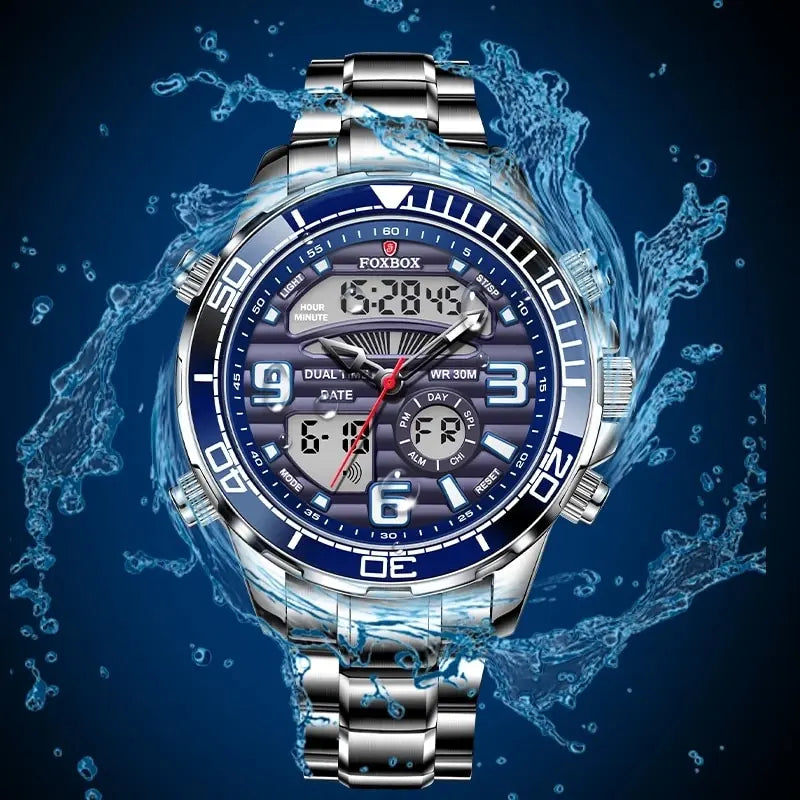 Herren Armbanduhr Silber Schwarz Edelstahl Quarzuhr Luxus Chronograph Business