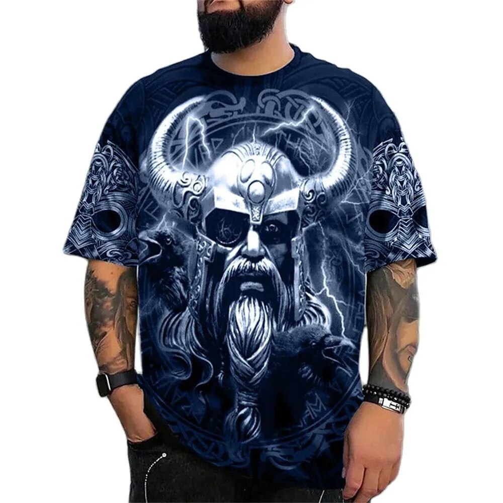 Herren Fashion Vintage 3D T-Shirt Rundhals Unisex Sommer Vikings Streetwear