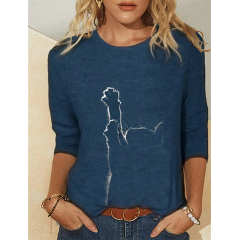 Damen Sommer Top Katzen Langarm T-Shirt Rundhals Streetwear lockeres Damentop