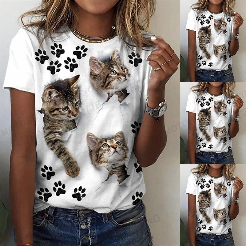 Damen Sommer Top 3D Katzen T-Shirt Rundhals Streetwear lockeres Damentop