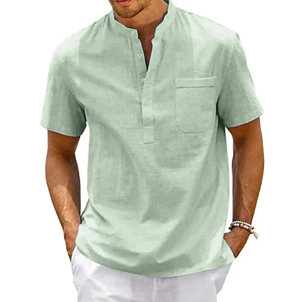 Herren Hemd Poloshirt Leinenhemd Kurzarm T-Shirt Leinen Polohemd Freizeithemd