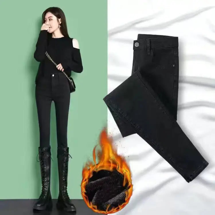 Damen Winter Warm Thermo Jeans Hose Innenfleece Stretch Hosen Leggins Denim