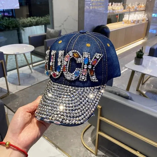 Jeans Cappy Denim Look Basecap Cap Kappe LUCK Strass gebogen Damen Baseball Cap