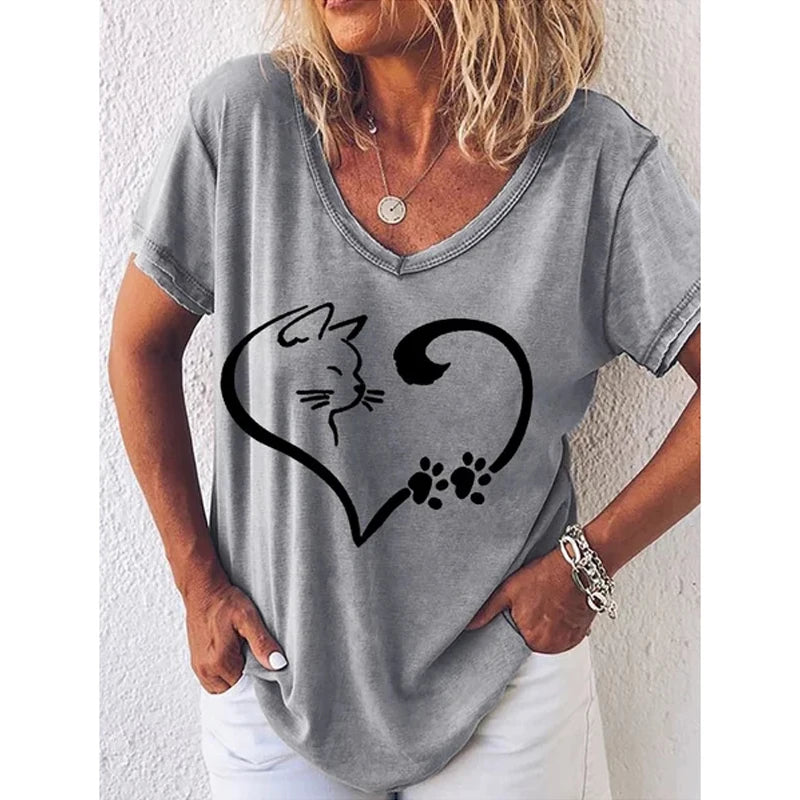 Damen Sommer Top Katzen T-Shirt Rundhals Streetwear Bluse Damentop Mädchen