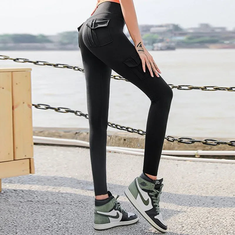 Damen Leggings Leggins mit Taschen Sport Hose Push Up Fitness Gym Stretch Yoga