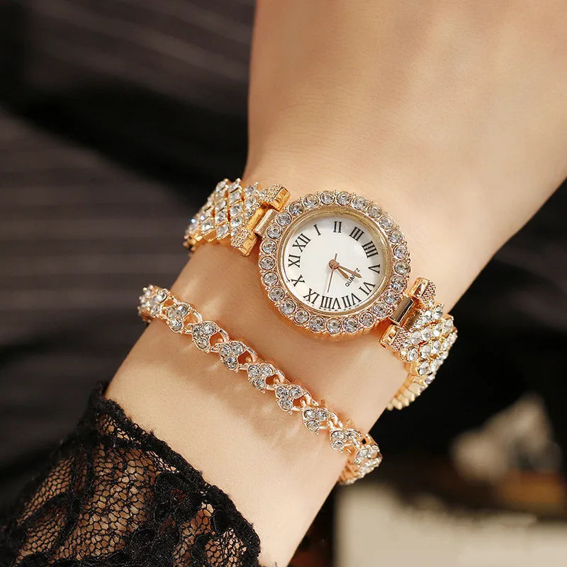 Damen Armband Uhren Set Strass Luxus Quarz Silber Gold Business Armbanduhr