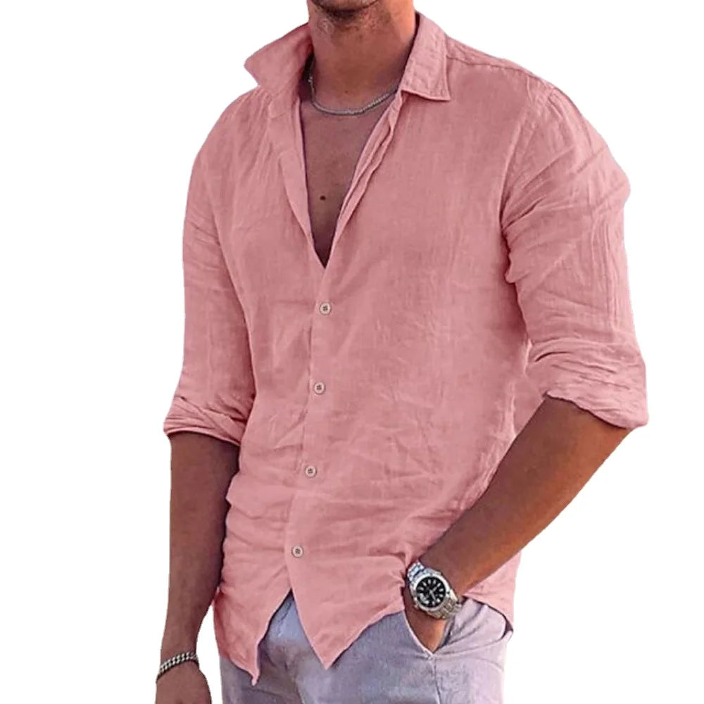 Herren Hemd Poloshirt Leinenhemd Langarm T-Shirt Leinen Polohemd Freizeithemd
