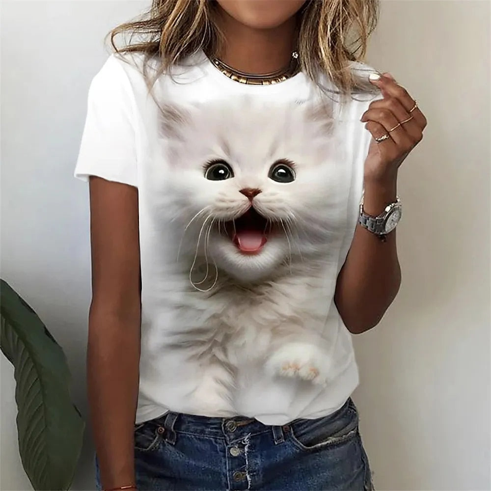 Damen Sommer Top 3D Katzen T-Shirt Rundhals Streetwear lockeres Damentop