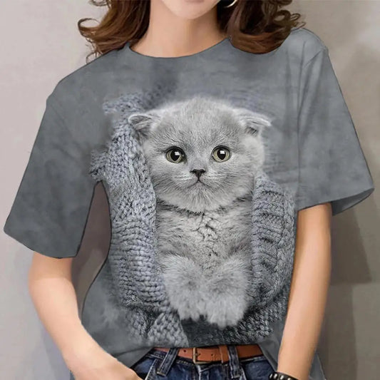 Damen Sommer Top 3D Katzen T-Shirt Rundhals Streetwear lockeres Damentop Bluse