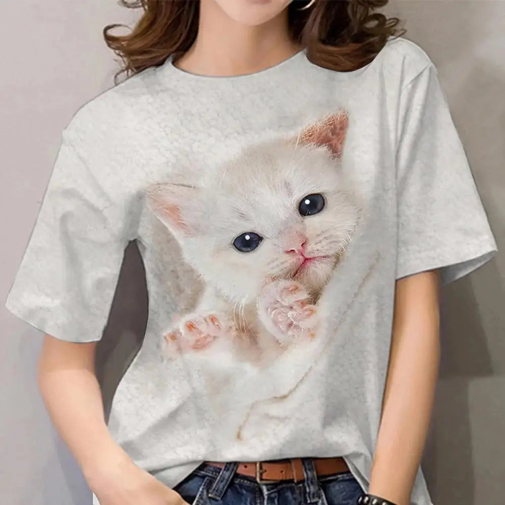 Damen Sommer Top 3D Katzen T-Shirt Rundhals Streetwear lockeres Damentop Bluse