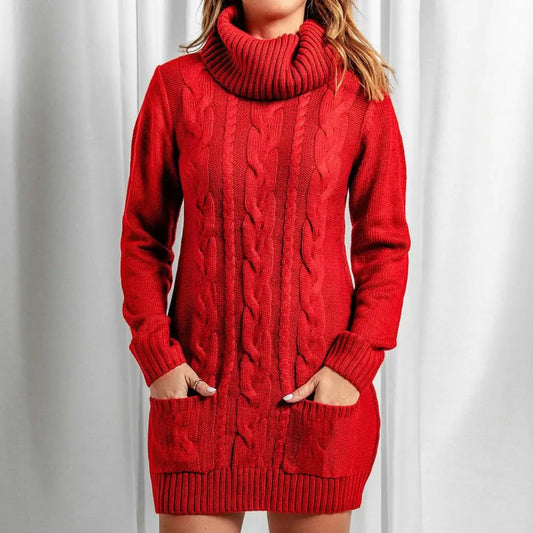 Damen Wollkleid Rollkragen Herbstkleid Winterkleid Strickkleid Longpullover
